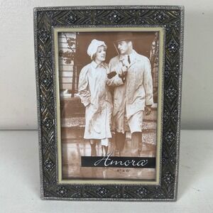 Amora Picture Frame 4x6 Embossed Silver Tone Rhinestone Accents Photo‎ Display